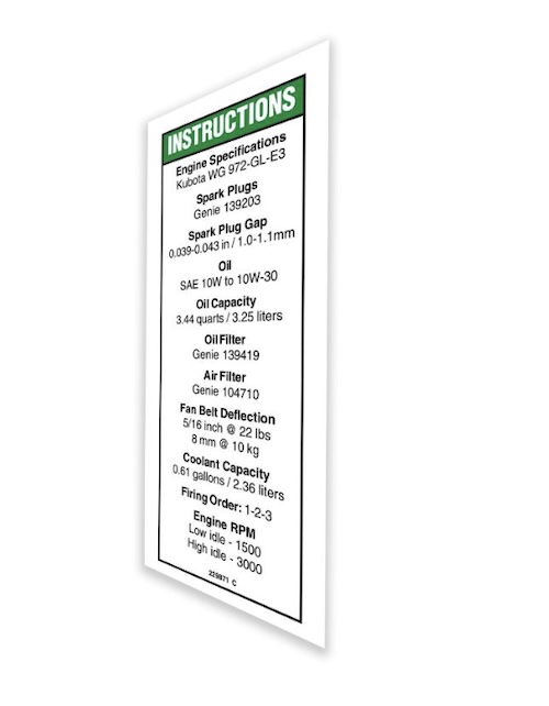 229871 / 229871Gt Oem Genie Decal Notice Kubota Df972 Spec