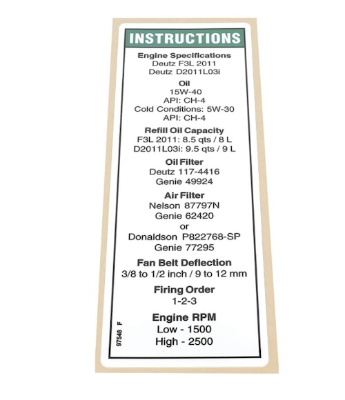 97548 / 97548Gt Oem Genie Decal Engine Spec Deutz 2011