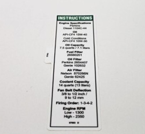 97603 / 97603Gt Oem Genie Decal Notice Perkins Engine T2